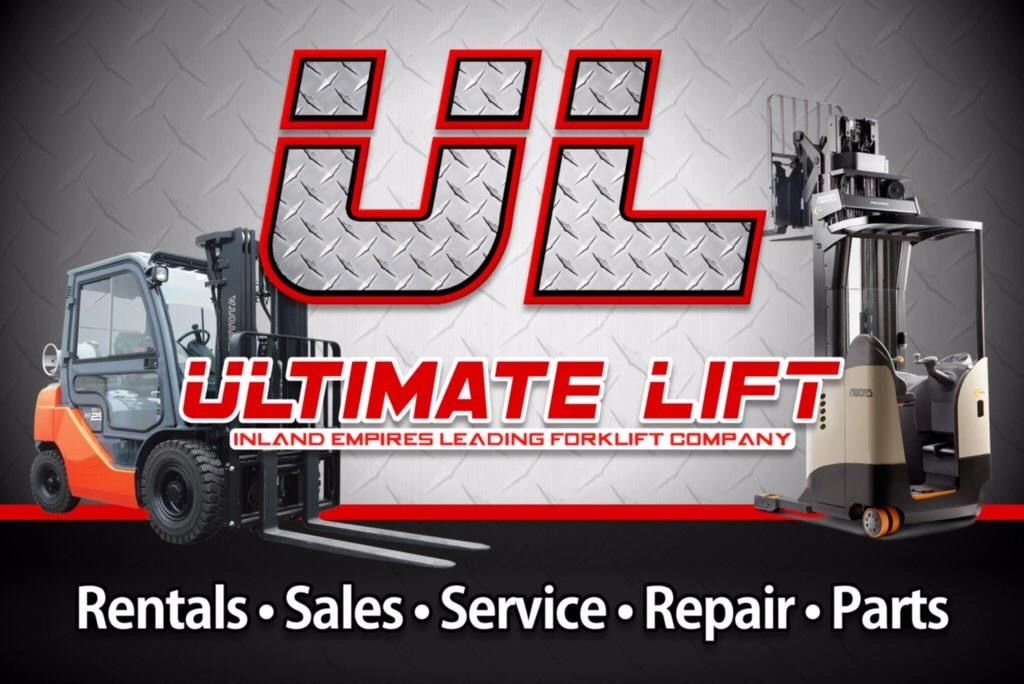 Ultimate Lift logo with a Toyota forklift and a Crown reach truck — Rentals, Sales, Service, Repair, Parts.